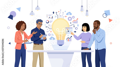 Diverse professional team brainstorming new creative business ideas around a glowing lightbulb.