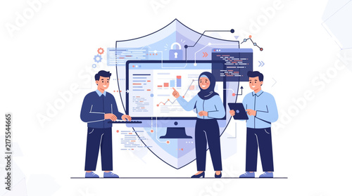 Professional team working on cybersecurity data analysis and network protection strategy.