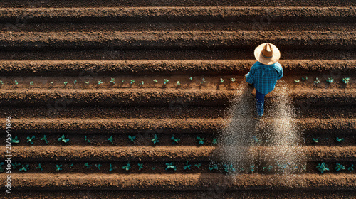Farmer wearing straw hat carefully scattering organic fertilizer across fertile brown soil rows during golden hour