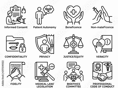 Bioethics and medical law icon set line art vector collection featuring patient rights and clinical ethics for healthcare industry applications