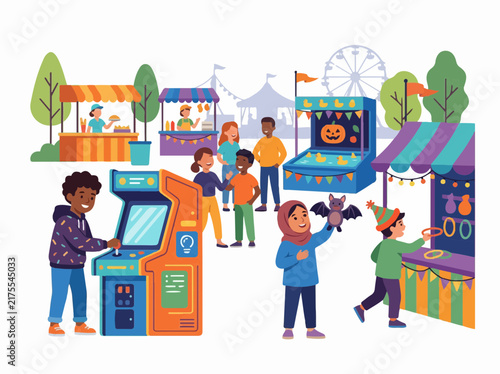 People enjoying a carnival fair flat vector illustration for fun family weekend and community festival concept isolated on white background
