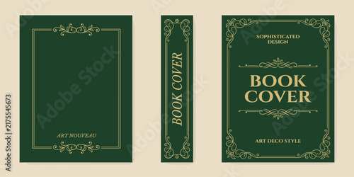 Classic vintage book cover and spine with gold and black art deco, art nouveau ornament, decorative frame, elegant retro style for classic publications, posters, artistic layouts