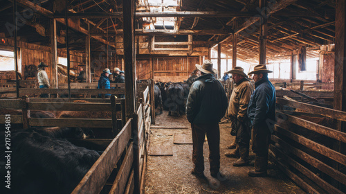 Cowboys wearing cowboy hats observe cattle inside a rustic wooden barn during a cold winter day