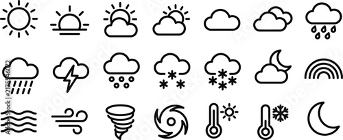 A comprehensive collection of outline weather icons depicting various atmospheric conditions and seasonal changes