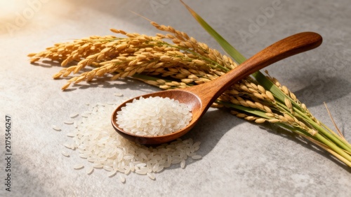 Wooden Spoon With White Rice Grains and Golden Rice Stalks On Neutral Background