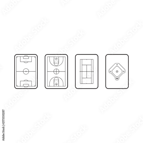 Cuadro en lienzo Line art illustrations of various sports field layouts on a white background