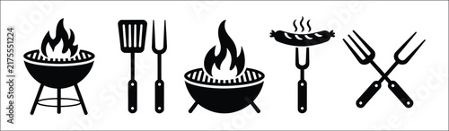 BBQ grill icon set, barbecue cooking utensils, spatula grill fork picnic fire symbols, black silhouette vector illustration for outdoor food design