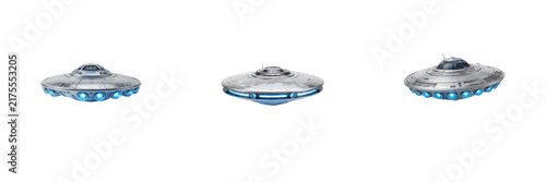 Futuristic Sci-Fi UFO Spaceship PNG Collection, Metallic Cyberpunk Flying Saucer with Glowing Blue Anti-Gravity Lights, Advanced Technology Extraterrestrial Vehicle Isolated Transparent Background Cut