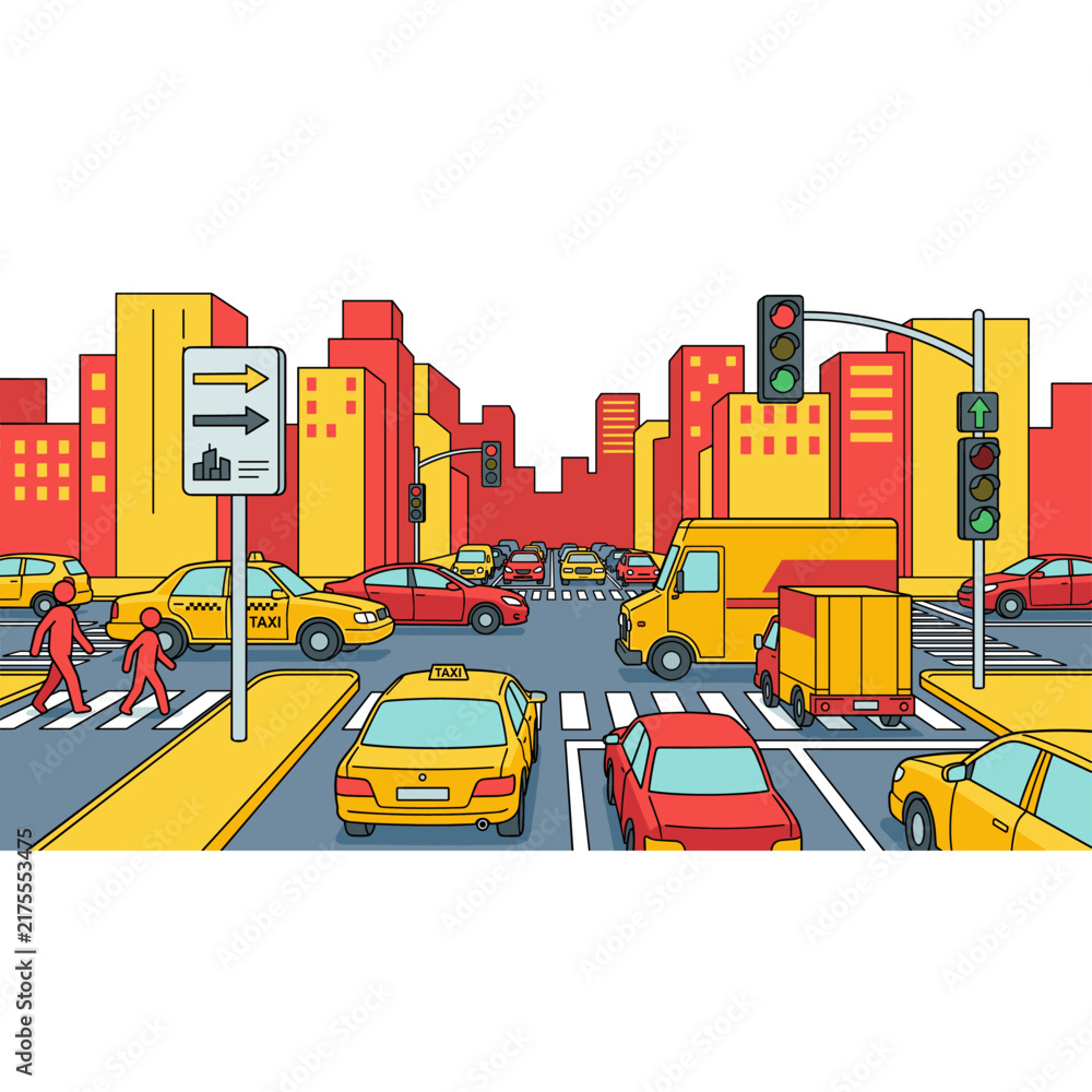 Naklejka premium City street intersection with traffic, cars, taxis, pedestrians, and buildings, flat design vector illustration