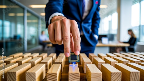 Businessman placing a wooden block in a strategic office formation