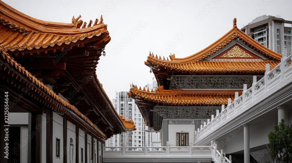 Obraz premium Traditional Asian Architecture Featuring Ornate Roofs and Cityscape