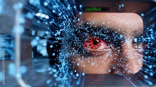 High-tech iris recognition scanner analyzing a human eye.
