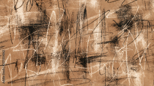 Abstract charcoal scribble doodle pattern on textured brown kraft paper