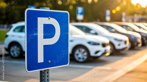 Blue parking sign beside cars in a busy outdoor parking area