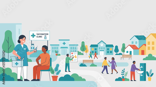 Community Healthcare Concept with Doctor Vaccinating Patient and People Walking in Healthy Environment