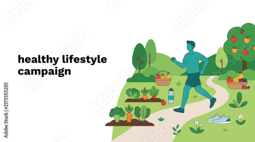 Healthy Lifestyle and Wellness Illustration Featuring a Runner and Organic Vegetable Garden in Nature