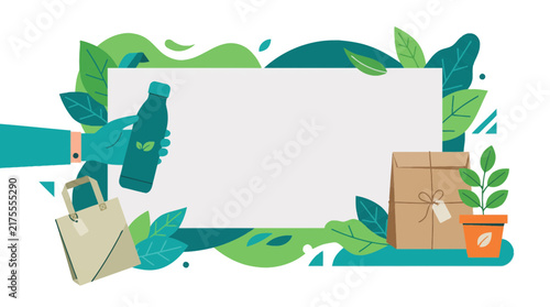 Zero waste lifestyle campaign with copy space for text eco friendly reusable bottle and paper shopping bags