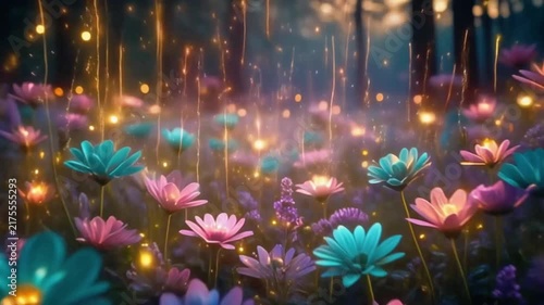 Magical glowing flowers blooming in a serene enchanted forest clearing cinematic motion video background animation sequence