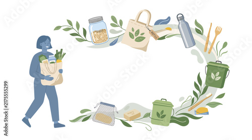 Eco friendly woman practicing zero waste sustainable living and healthy preventive lifestyle with reusable items