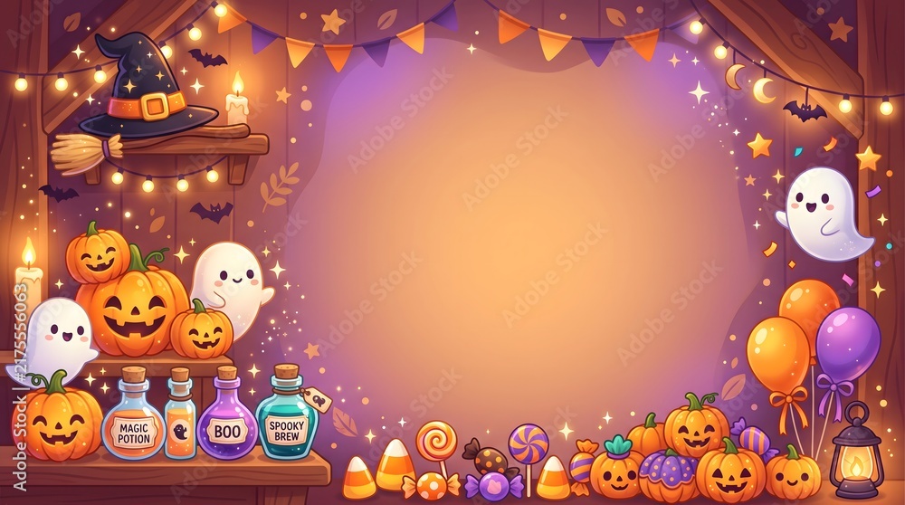 Fototapeta premium Festive halloween background with cute ghosts pumpkins and glowing fairy lights for holiday party invitation or greeting card
