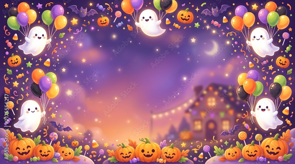 Naklejka premium Cute halloween background with friendly ghosts colorful balloons and smiling pumpkins on a purple sunset sky