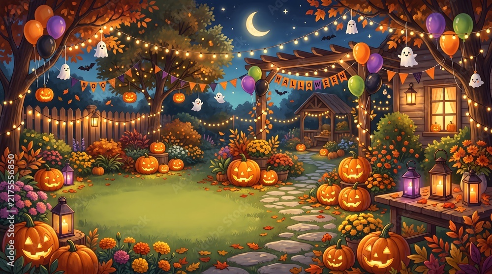 Fototapeta premium Magical halloween night garden scene with glowing jack o lanterns and festive string lights under a crescent moon