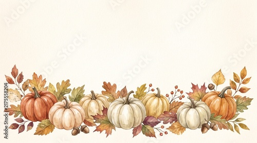 Watercolor Thanksgiving Pumpkin Border with Orange Brown Autumn Leaves on Cream Background for Fall Harvest Greeting