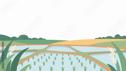 Japanese rice paddy field landscape vector illustration with copy space