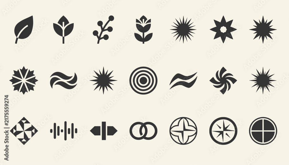 Fototapeta premium Collection of diverse black graphic icons featuring nature elements, stars, geometric shapes, and abstract symbols on cream.