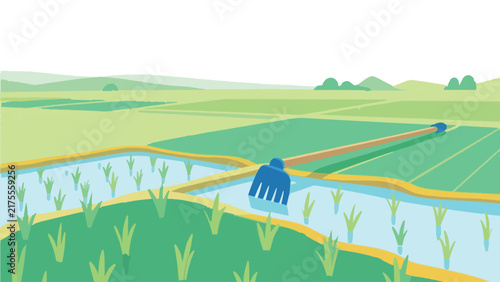 Japanese rice paddy field landscape vector illustration with copy space