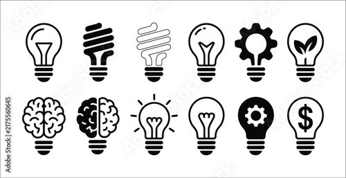 Light bulb glyph icon set, idea LED energy smart technology and innovation symbols, creative invention concepts, bold vector illustration collection
