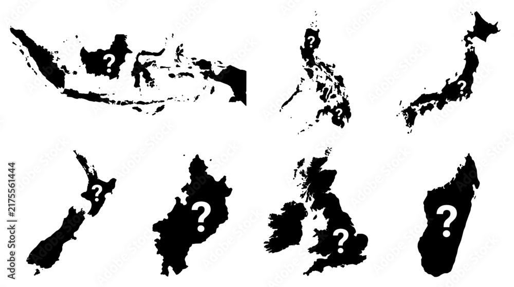 Obraz premium Set of black silhouette country maps with interrogation marks, geography quiz, unknown location, travel mystery, border outline, global navigation