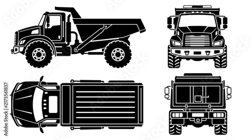 Set of four orthographic projections for a dump truck vehicle, flat black silhouette design for construction site logistics, heavy machinery