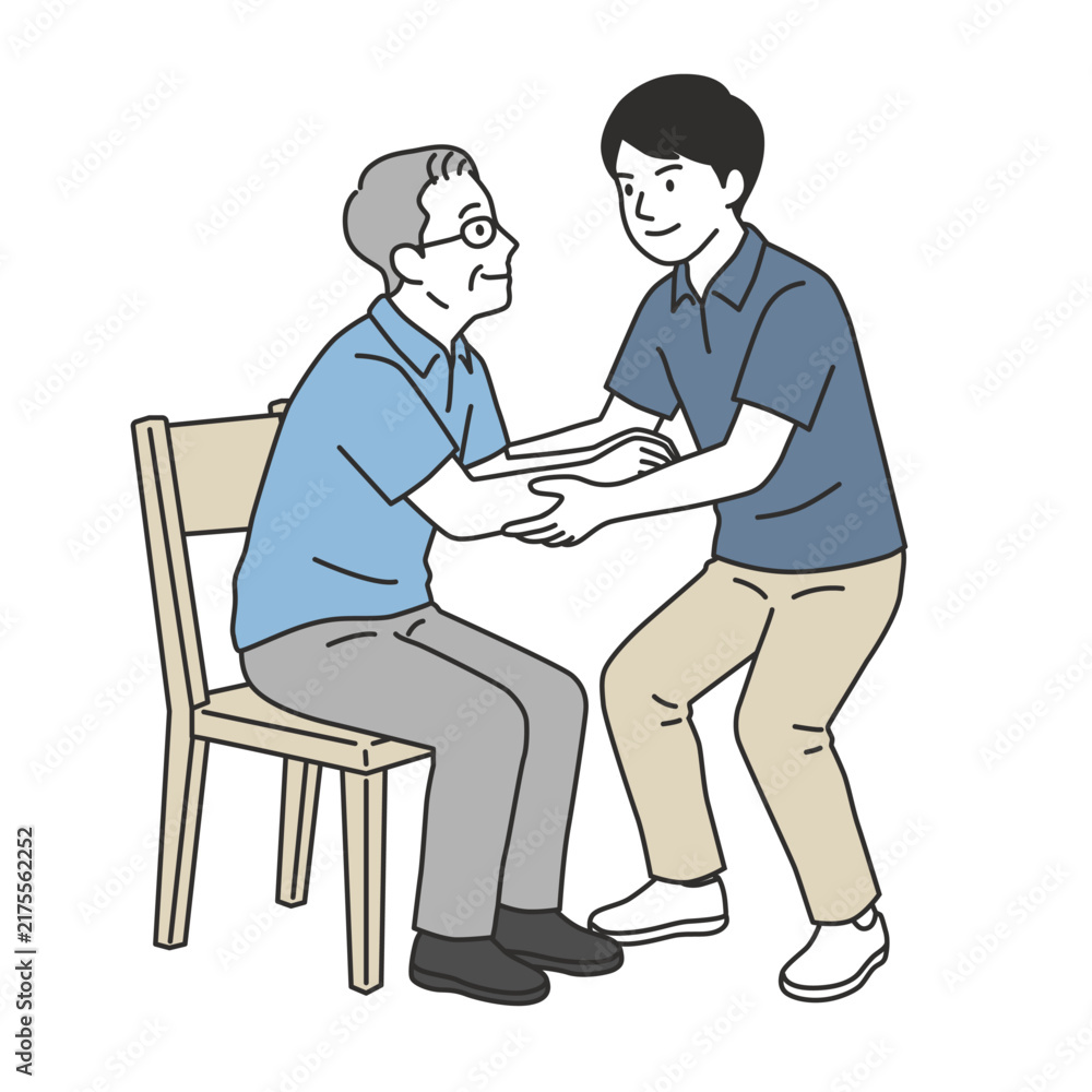 Obraz premium シニア男性と椅子からの立ち上がりを介助する男性介護士