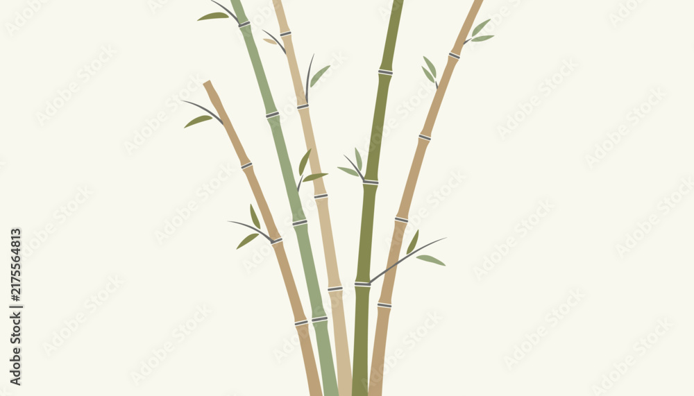 Obraz premium Elegant organic bamboo stalks with delicate green leaves on light background, perfect for spa and wellness designs.