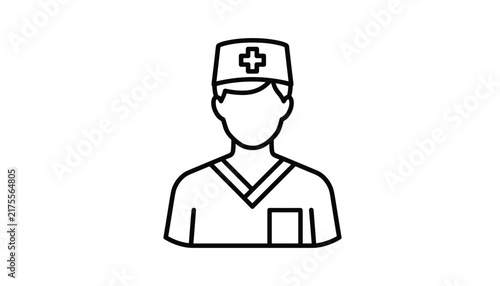 Simple line icon illustration of a male nurse or doctor wearing a medical scrub uniform and cap with a cross symbol.