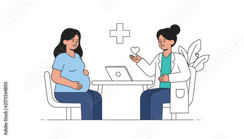 Pregnant woman consulting with a female doctor holding a white heart icon in a bright medical office with a laptop.