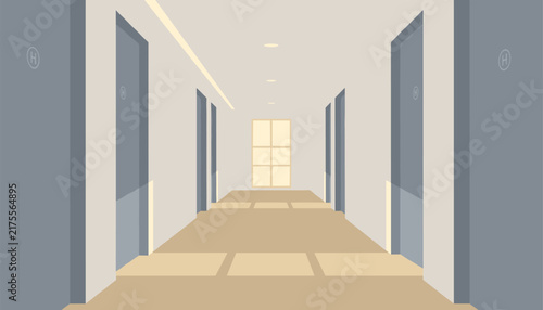 Empty perspective view of a long hallway corridor inside a modern office, hospital, or hotel building with grey walls.