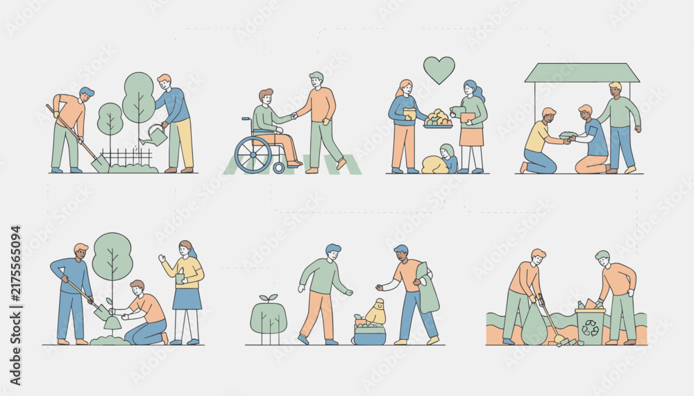 Fototapeta premium Flat vector illustrations depicting various volunteer activities like planting trees, helping people, donating food, and cleaning up.