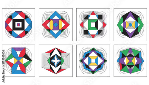 Series of eight colorful abstract geometric mandala designs with detailed radiating lines in separate frames.