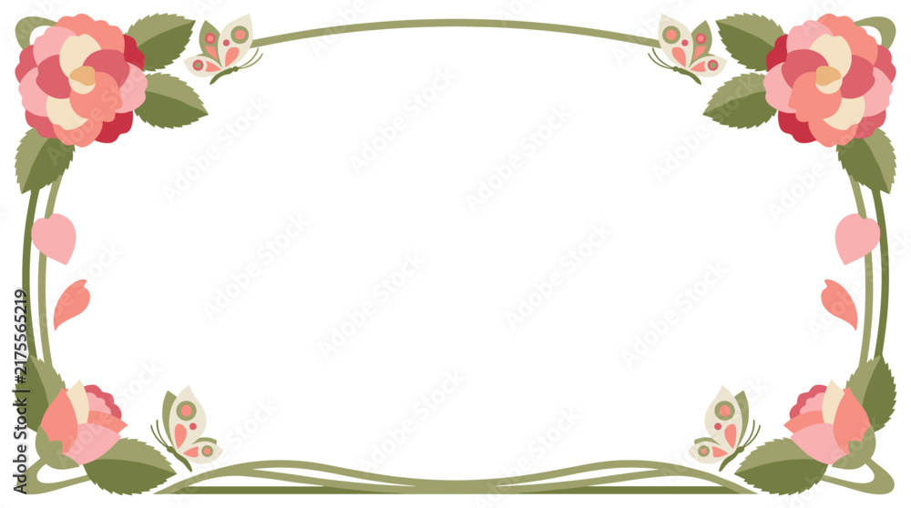 Obraz premium East asia floral border with blooming roses and delicate butterflies, vintage natural foliage frame, perfect for invitations and wedding stationery