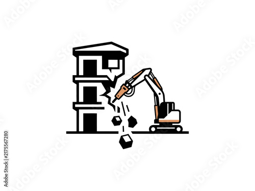 Demolition excavator breaking down a concrete wall with a hydraulic hammer attachment.