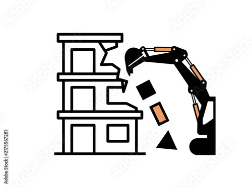 Excavator demolishing a multi-story building by tearing down walls and structural debris.