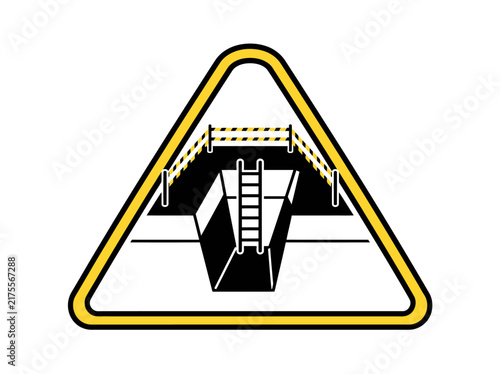 Warning sign depicting an open trench with a ladder inside a triangular yellow border.