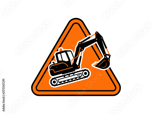 Excavator machine graphic inside an orange triangular warning sign for heavy machinery zones.