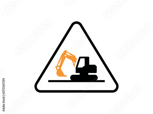 Excavator silhouette symbol inside a warning triangular road sign for construction sites.
