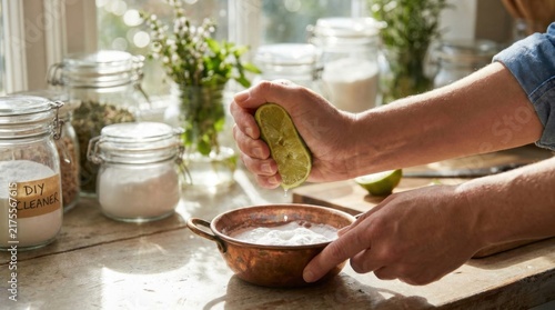 Hands Squeezing Fresh Lime into Copper Bowl for DIY Natural Cleaning Recipe