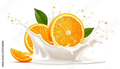 Vivid artwork displays juicy orange slices amidst a creamy liquid splash, accented by green leaves and tiny droplets against a white background