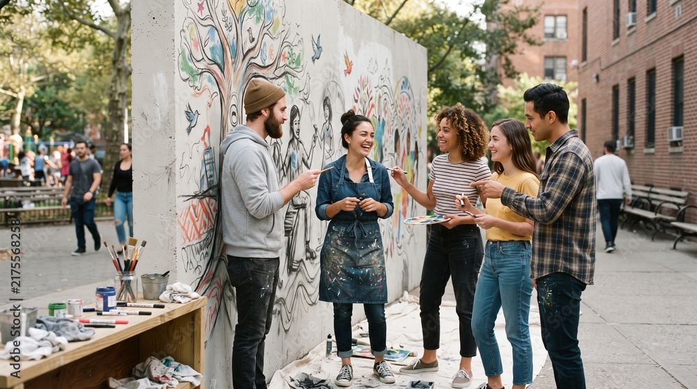 Fototapeta premium Diverse group of young adults painting a mural outdoors