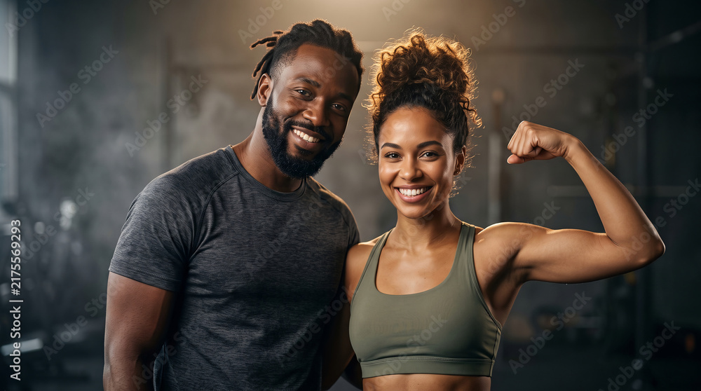 Obraz premium Smiling African American fitness couple posing in modern gym with woman flexing bicep